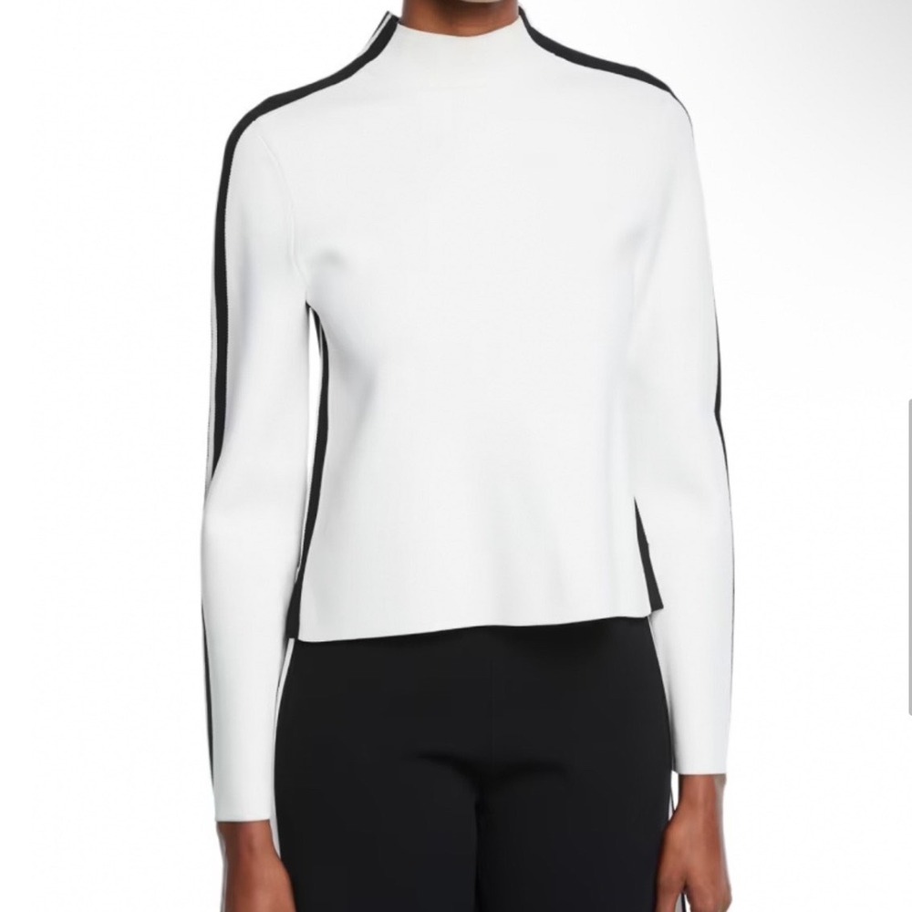 Veronica Beard Retha Stripe Mock Neck Sporty Pullover Sweater White Medium